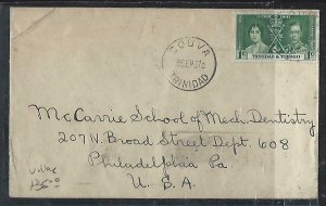 TRINIDAN & TOBAGO COVER (P0612B)  1937 1C KGVI CORONATION COUVA TO USA 