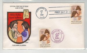 1980 COLLINS HANDPAINTED 1824 HELEN KELLER ANNE SULLIVAN DUAL FDC & KELLER TEXAS