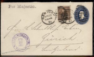 USA 1891 Upfranked Stationery Majestic Steamer Switzerland Cover Transatla 95659