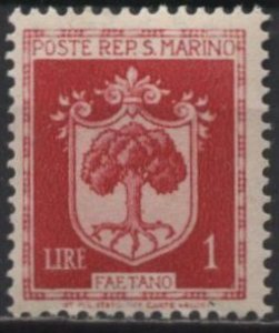 San Marino 247 (mh) 1L arms of Faetano, dk car rose (1945)