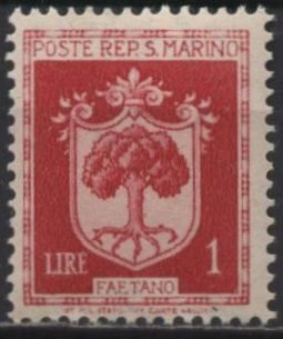 San Marino 247 (mh) 1L arms of Faetano, dk car rose (1945)