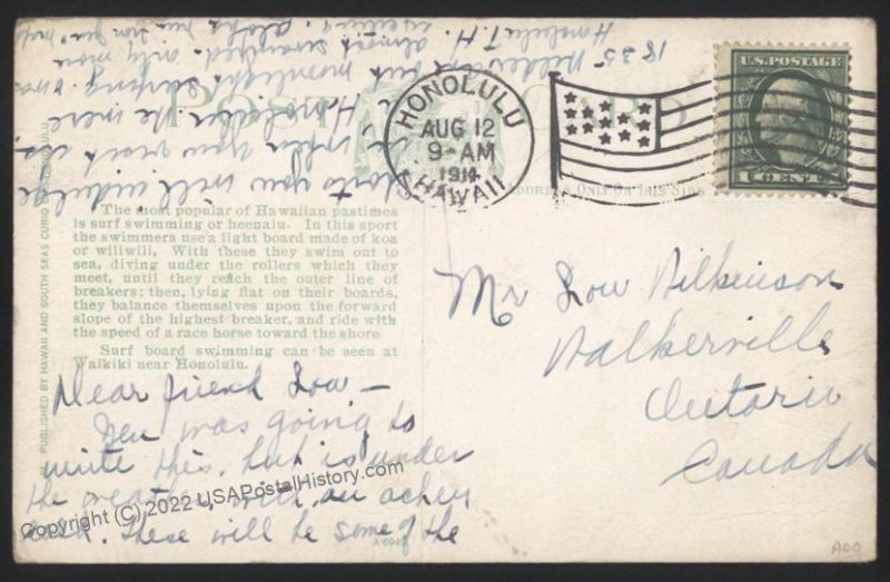 Hawaii USA 1914 Used Postcard Territory Territorial Cover 109052