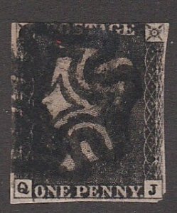 Great Britain # 1, Queen Victoria, Penny Black, used 10% Cat.