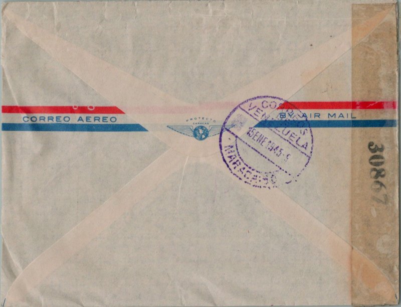 VENEZUELA POSTAL HISTORY WWII CENSORED AIRMAIL COVER ADDR USA CANCEL YRS'40