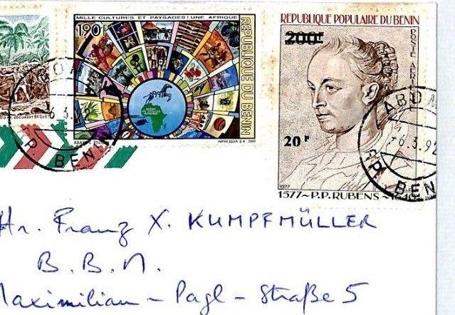 BENIN Cover RUBENS 20f on 200f SURCHARGE (1983) Missionary 1992 Air Mail CM30