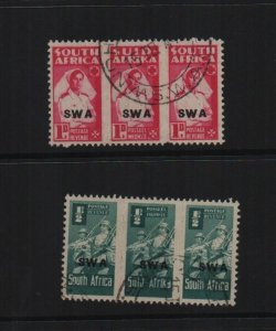 South West Africa 1943 SG123 & SG124 used trios of each stamp