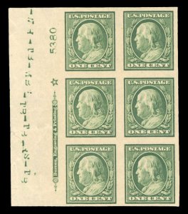 United States, 1904-9 #343 Cat$97.50, 1908 1c green, plate block of six with ...