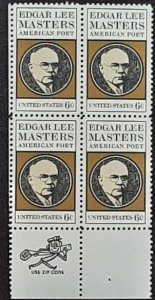 US Scott # 1405; 6c E L Masters from 1970; MNH, og, VF zip block of 4
