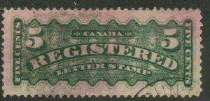 Canada SC# F2 Registered Mail 5c used stained