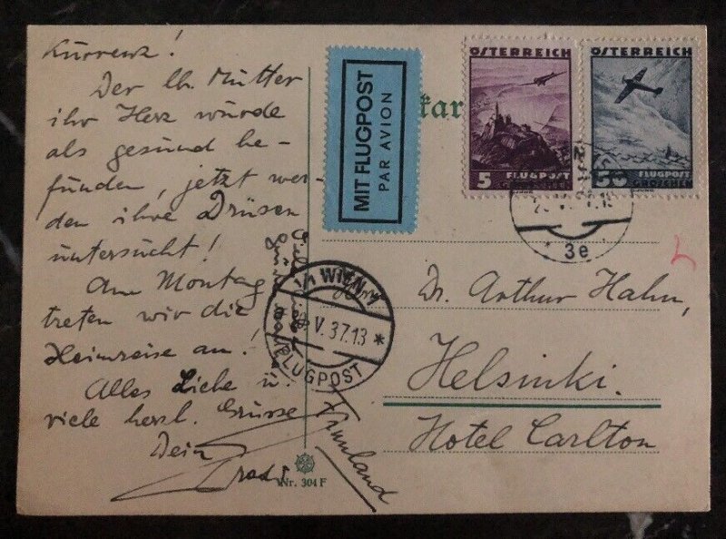 1937 Vienna Austria Airmail Postcard Cover to Hotel Carlton In Helsinki Finland