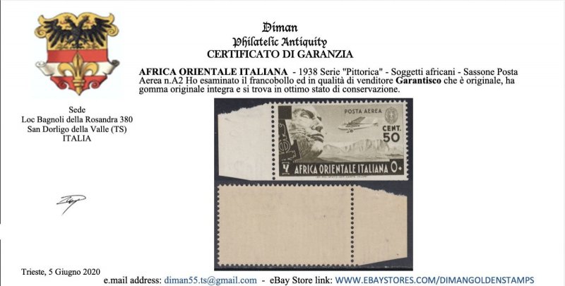 Italy East Africa - Sassone n.A2 - cv 390$ Certificate - MNH** margin sheet