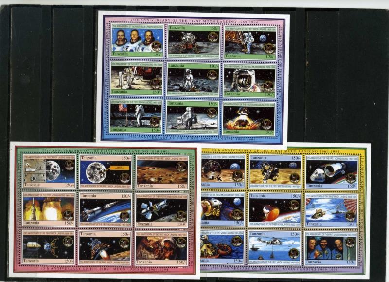 TANZANIA 1994 SPACE MOON LANDING 3 SHEETS OF 9 STAMPS MNH 