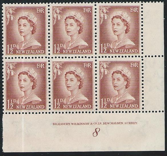 NEW ZEALAND 1955 1½d large figures plate block # 8 mint....................50874