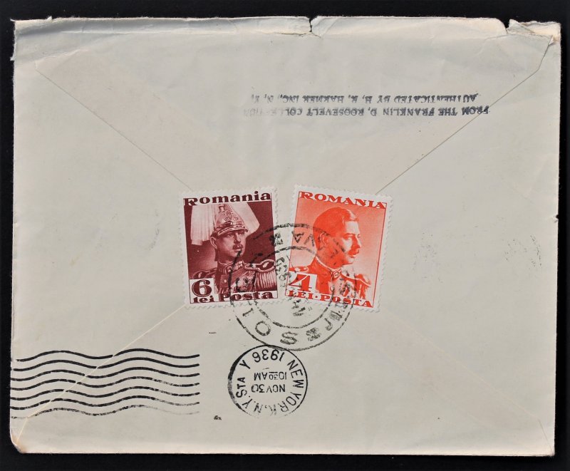 PRESIDENT ROOSEVELT ORIGINAL COVER SENT From Romania 1936 FDR COLLECTION