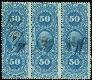 R55d, 50¢ Silk Paper Revenue Strip of Three Extremely RARE! - Stuart Katz