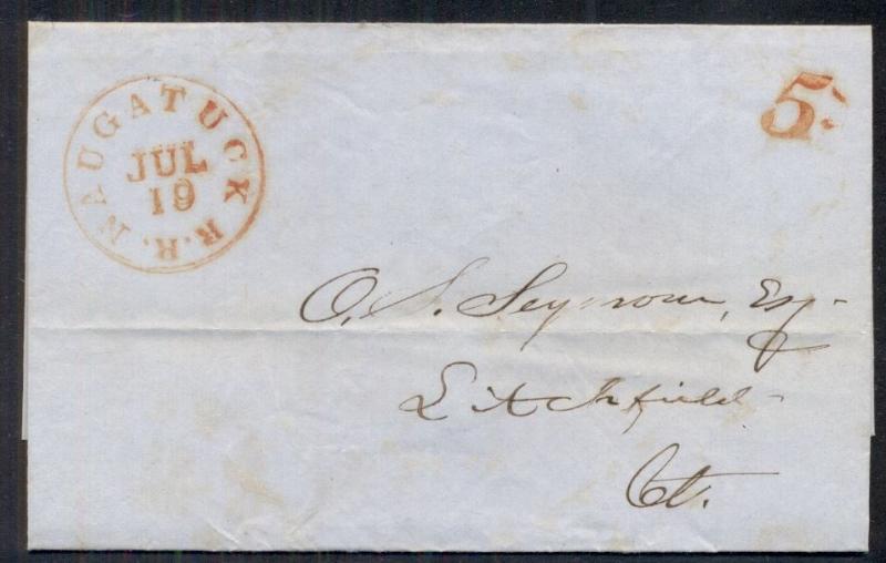 CONNECTICUT NAUGATUCK RR 1850 SFL w/bold red cancel and numeral 5, VF and scarce