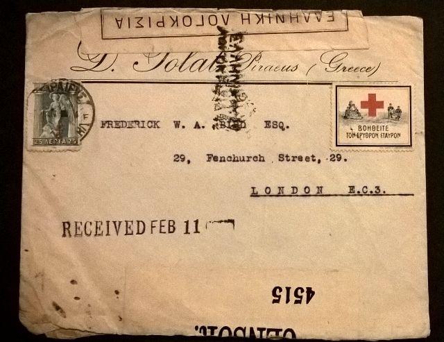 Greece Piraeus censored cover Red Cross label etiquette Cinderella Free UK Post