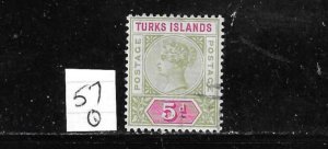 TURKS & CAICOS IS. SCOTT #57 1894  5p (OLIVE GREEN/CARMINE) WMK 2 - USED