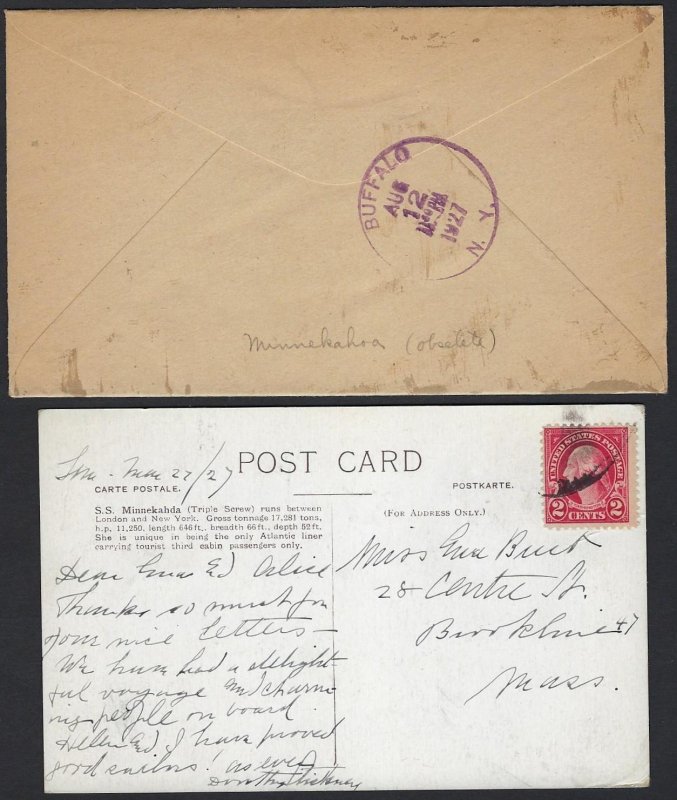 US 1927 SEAPOST ON STEAMSHIP MINNEKAHDA WITH POST CARD OF SS