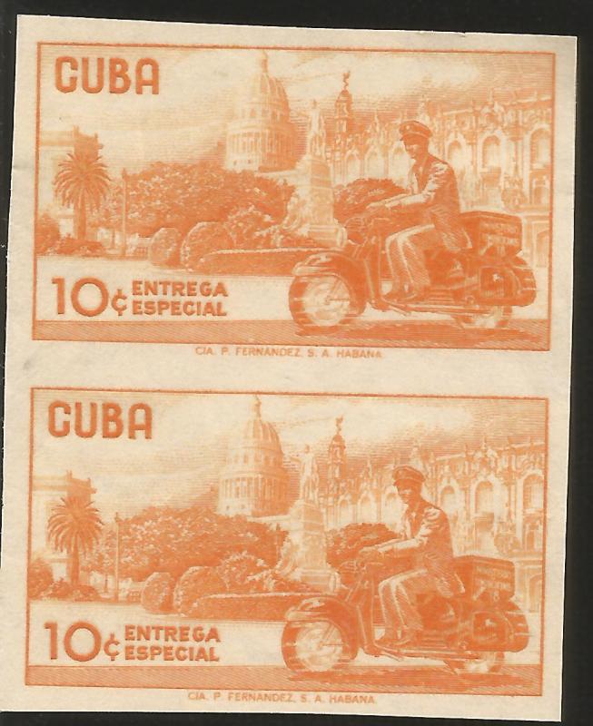 J) 1899 CUBA-CARIBE, PROOF, IMPERFORATED, MOTORCYCLE ORANGE, SPECIAL DELIVERY