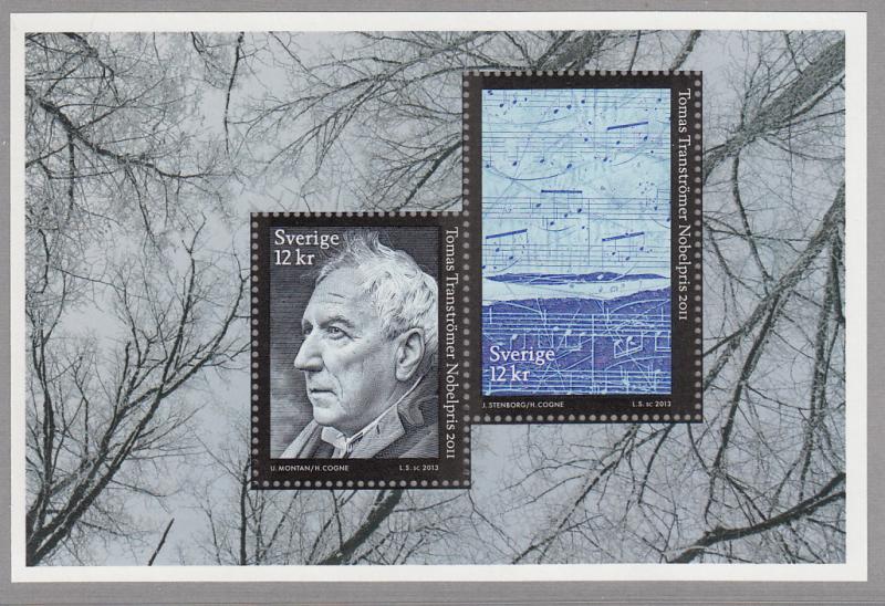 Sweden 2013 MNH Souvenir sheet of 2 12k Tomas Transtromer. poet Nobel Prize 2011