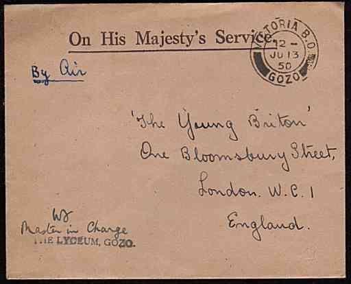 MALTA 1950 small OHMS cover VICTORIA BO / GOZO cds - The Lyceum handstamp