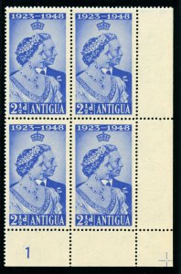 Antigua 1949 KGVI Silver Wedding 2½d ultramarine Plate 1 block MNH. SG 112.