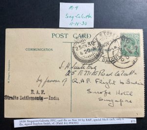 1930 Singapore Strait Settlements RAF Flight Airmail PC cover To Calcutta India