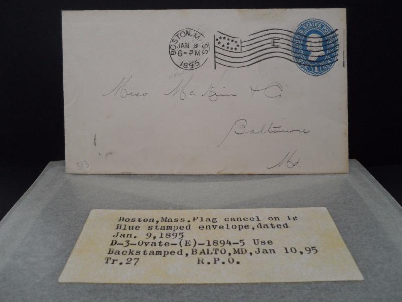 Boston MA 1895 Ovate flag cancel D3 E on U295 BALTO MD backstamp TR27 RECD #13