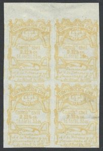 Mexico Revenue 1875 State Issues PUEBLA 2.12P | 53C Yellow BLOCK #P8 HP $60.00++-