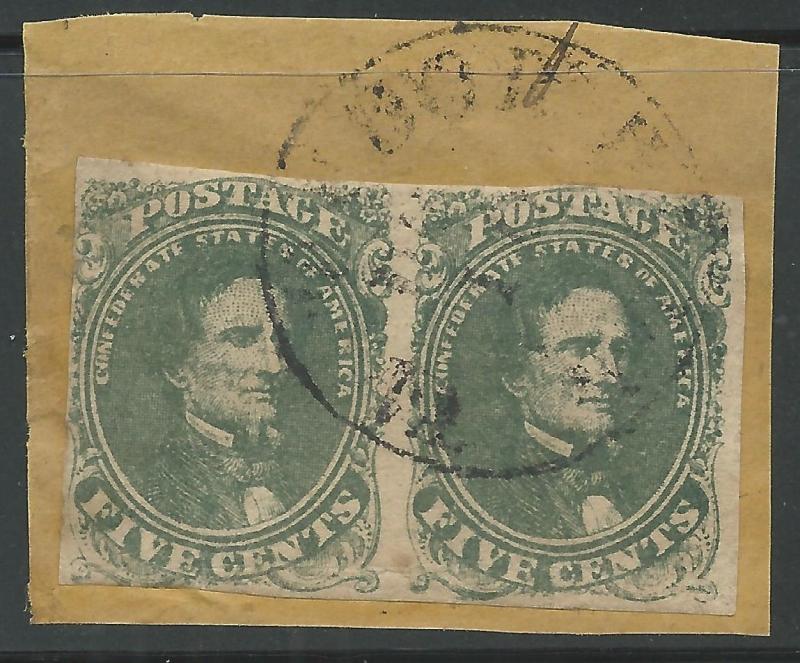 CSA Scott #1 Stone 1 Used Pair of Confederate Stamps on Piece Tudor Hall, VA