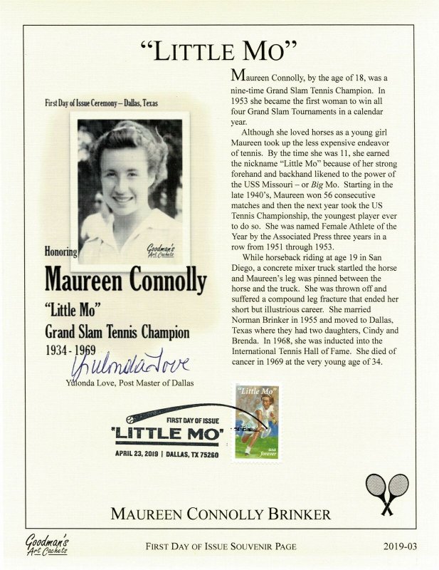 Goodman Art Cachet 5377 Tennis Little MO Maureen Connolly Souvenir Page PM Sign