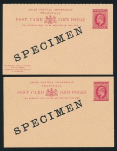 Transvaal 1902 KEVII 1d Postcards single & double reply SPECIMEN 