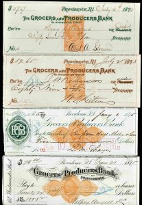1873 & 1875 Revenue Stamped Check Grocers & Producers Bank Providence RI