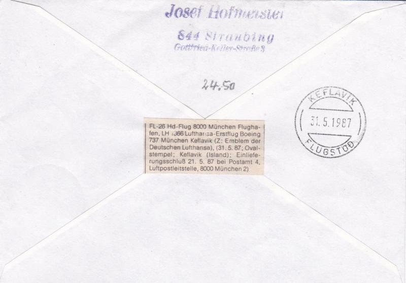 West Berlin 1987 Lufthansa Munich to Keflavik First Flight Cover VGC