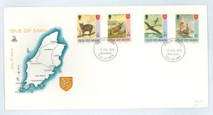 Isle of Man 24-27 high values from definitive issue (animals, birds, viking ships) on a cacheted unaddressed FDC