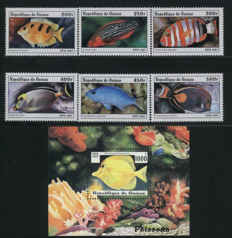 Guinea Sc 1403-09 Fishes MNH Set + Souvenir sheet Value $ 14.50