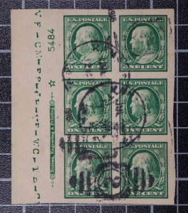 Scott 383 1 Cent Franklin Used Plate Block Left # 5484 Sideographers Initials