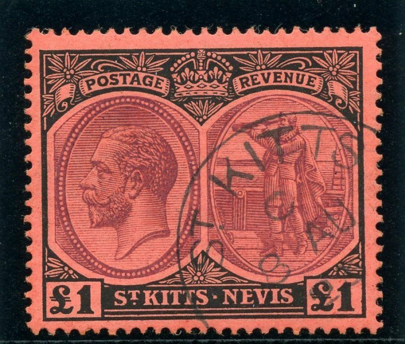 St Kitts-Nevis 1922 KGV £1 purple & black/red very fine used. SG 36. Sc 36.