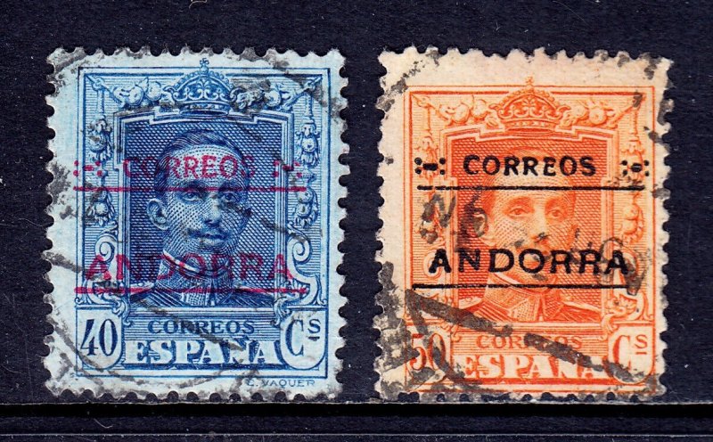 ANDORRA (SPANISH) — SCOTT 8, 9 — 1928 OVERPRINTS — USED — SCV $25