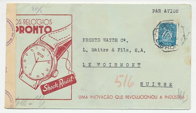 Illustrated censored cover Portugal 1943 Watch