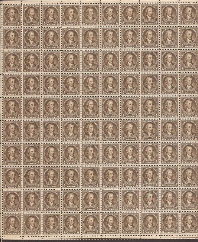 US Stamp - 1932 1/2c Washington Bicentennial - 100 Stamp Sheet w/Small Tear #704