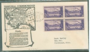 US 800 1937 3c Alaska block of four on an addressed first day cover with an Anderson cachet.
