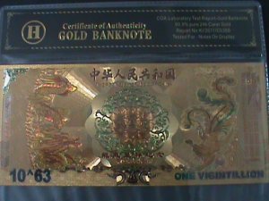 ​PRC-CHINA-24 KARAT GOLD REPLICA BANK NOTE-DRAGON & PHOENIX-WITH CERIFICATE VF