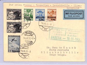 AUSTRIA Air 1935 Card FIRST FLIGHT BELGIUM CONGO Elisabethville {Joffe}WT147