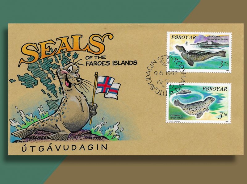 Faroes 239, 240 - Flag-Waving Pinniped on Handcolored FDC!