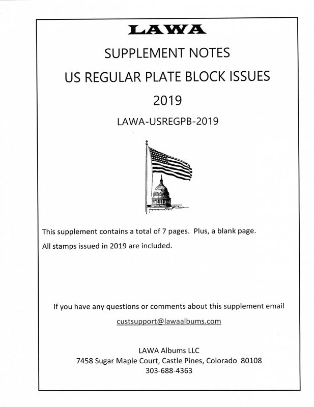 2019 US REGULAR PLATE BLOCK SUPPLEMENT – LAWA Album Pages