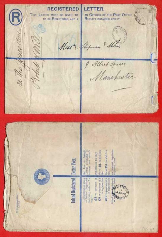 RP14 QV 2d Blue Registered Envelope  Size I Uprated Stamp Removed