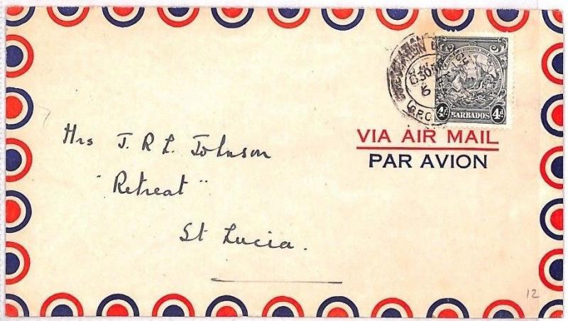 BN170 1946 Barbados 4d Rate Commercial Airmail Cover St.Lucia BANKING