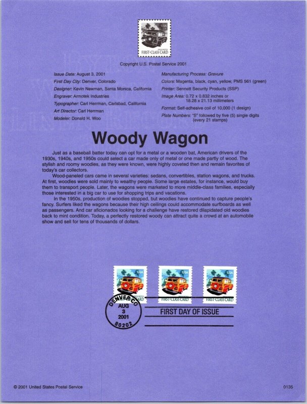 USPS SOUVENIR PAGE WOODY WAGON SELF-ADHESIVE COIL (3) 2001